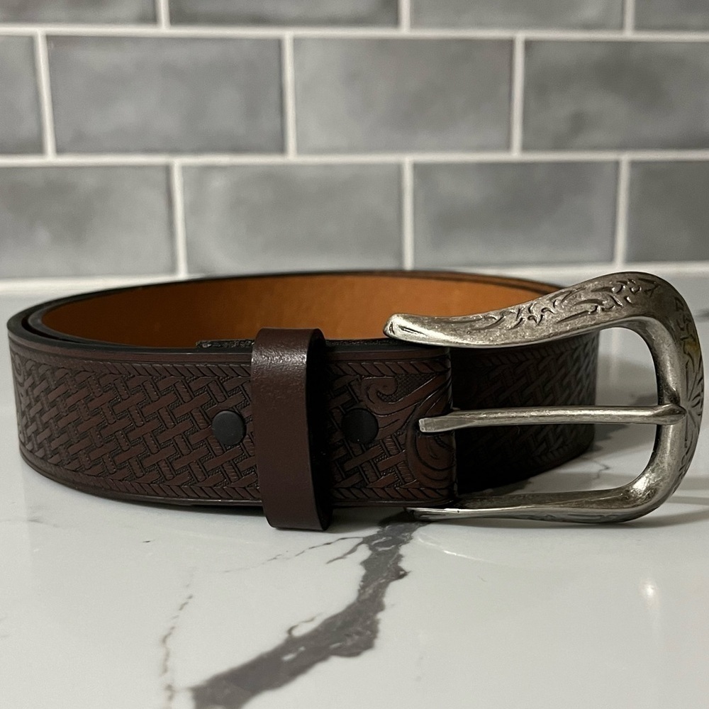 Genuine Leather Tooled Dark Brown Western Belt Deer in Forest Silver Tone Buckle